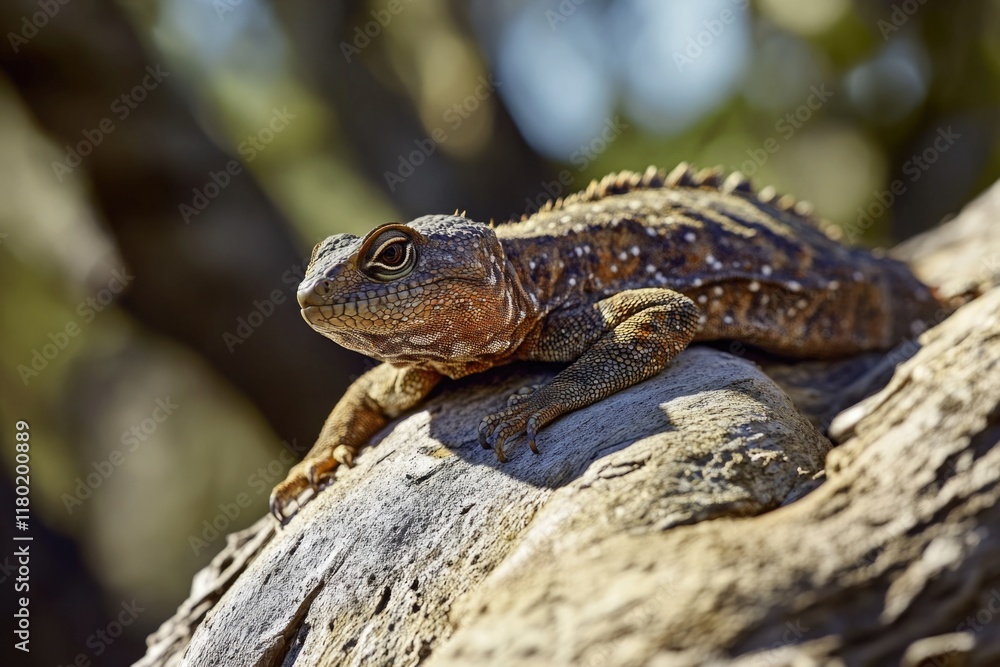 A small reptile perches on the tip of a tree branch, enjoying the view A small reptile perches on the tip of a tree branch, enjoying the view