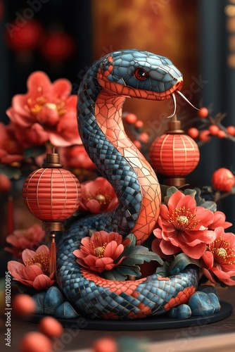 A statue of a snake surrounded by vibrant flowers and glowing lanterns, great for decorative or mystical themed concepts photo