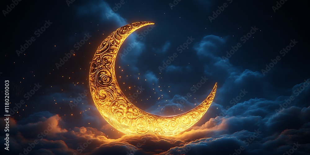 Golden crescent moon in night sky. Golden crescent moon in night sky.