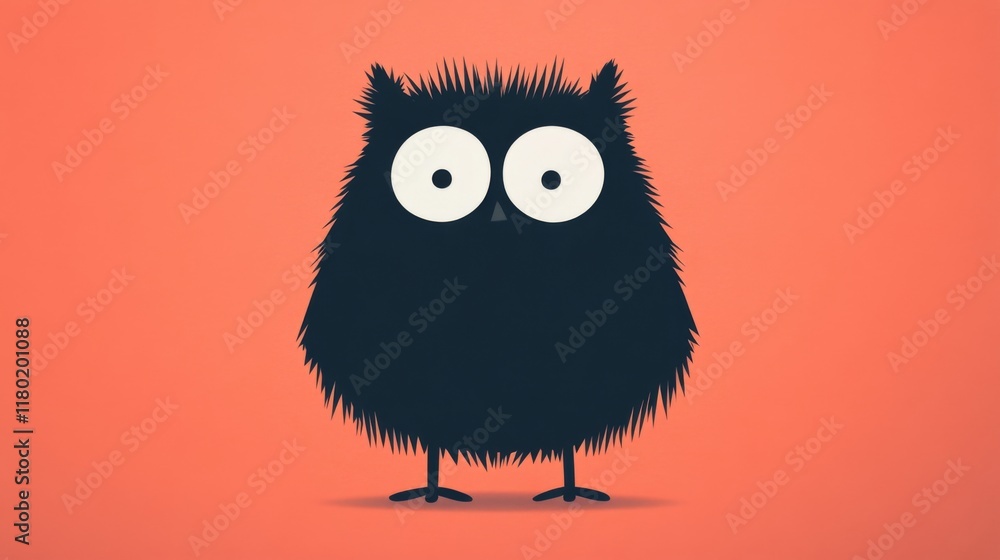 Cute fluffy black owl cartoon illustration on orange background. Cute fluffy black owl cartoon illustration on orange background.