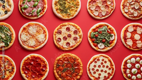 A vibrant overhead shot showcases twelve delicious pizzas, each with unique toppings, arra photo