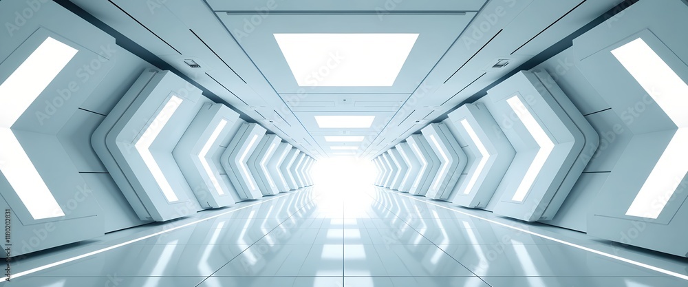 Obraz premium Futuristic white corridor with glowing arrow-shaped panels. Bright, clean, and modern architectural design. Perfect for sci-fi, technology, or abstract backgrounds.