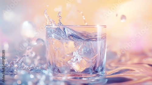 Refreshing ice cubes splash into a glass of water.