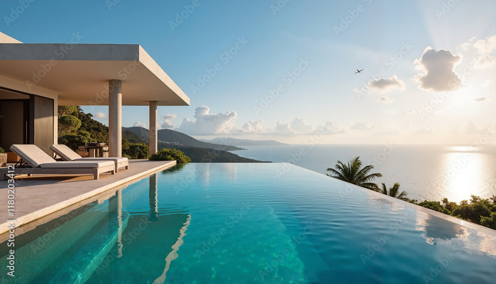 Modern villa with infinity pool overlooking ocean at sunset Modern villa with infinity pool overlooking ocean at sunset