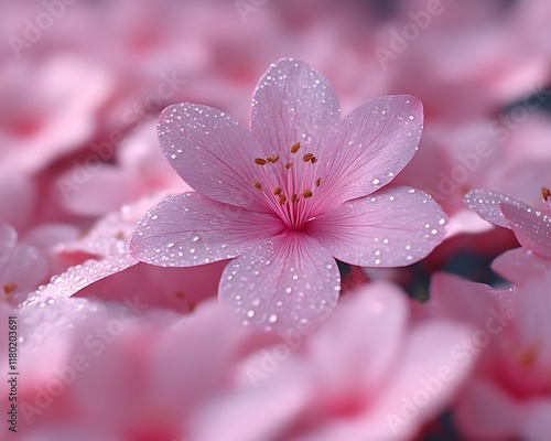 Dewy pink flower blossoms close-up.