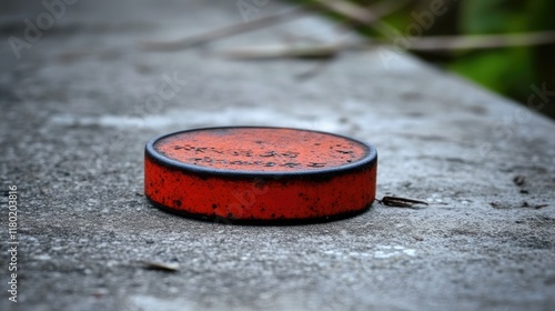 Orange disc on weathered concrete outdoors.