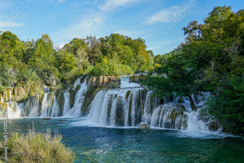 Beautiful scenic Krka river waterfall landscape, Krka National Park in Dalmatia region, Croatia