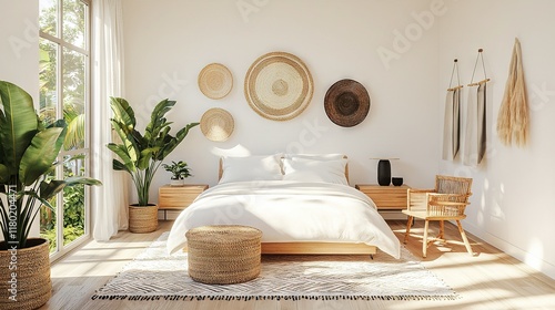   A tidy bedroom boasts a well-made bed and potted plants flanking each side