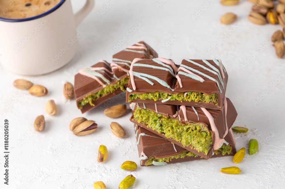 Trend chocolate; Dubai chocolate is made with pistachio paste and kadayif.
