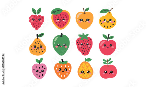 Kawaii Fruit Vector Set with Adorable Smiling Characters in Bright Colors