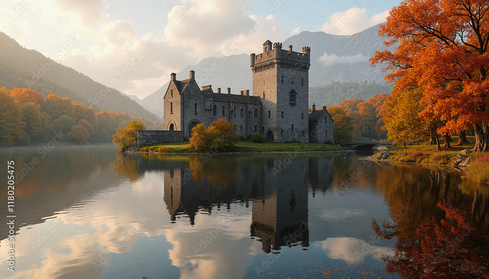 Castle reflected in calm lake surrounded by autumn foliage, St. Patrick’s Day Castle reflected in calm lake surrounded by autumn foliage, St. Patrick’s Day
