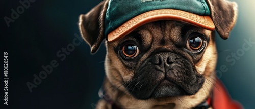 Adorable Pug Puppy Wearing a Baseball Cap, CloseUp Portrait photo