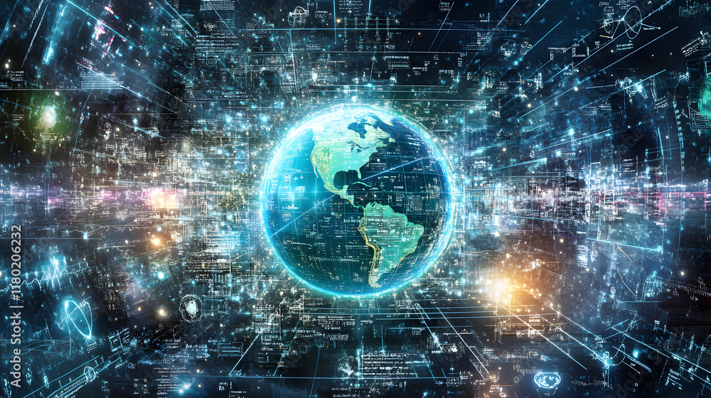 Obraz premium Futuristic AI and Technology Concepts – Glowing Digital Worlds, Neural Networks, and Advanced Innovation