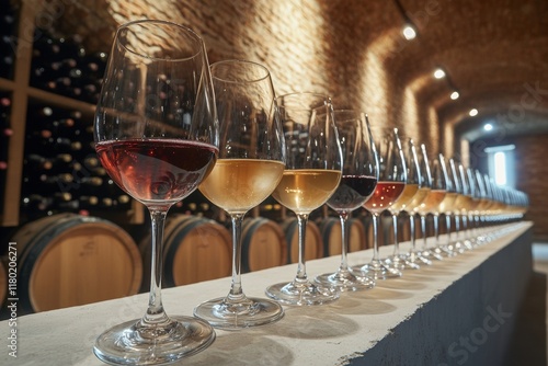 A row of elegantly arranged glasses containing various wines sits in a charming wine cellar