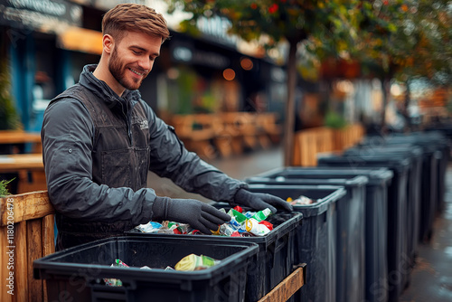 Volunteer Sorting Recyclables with a Smile photo