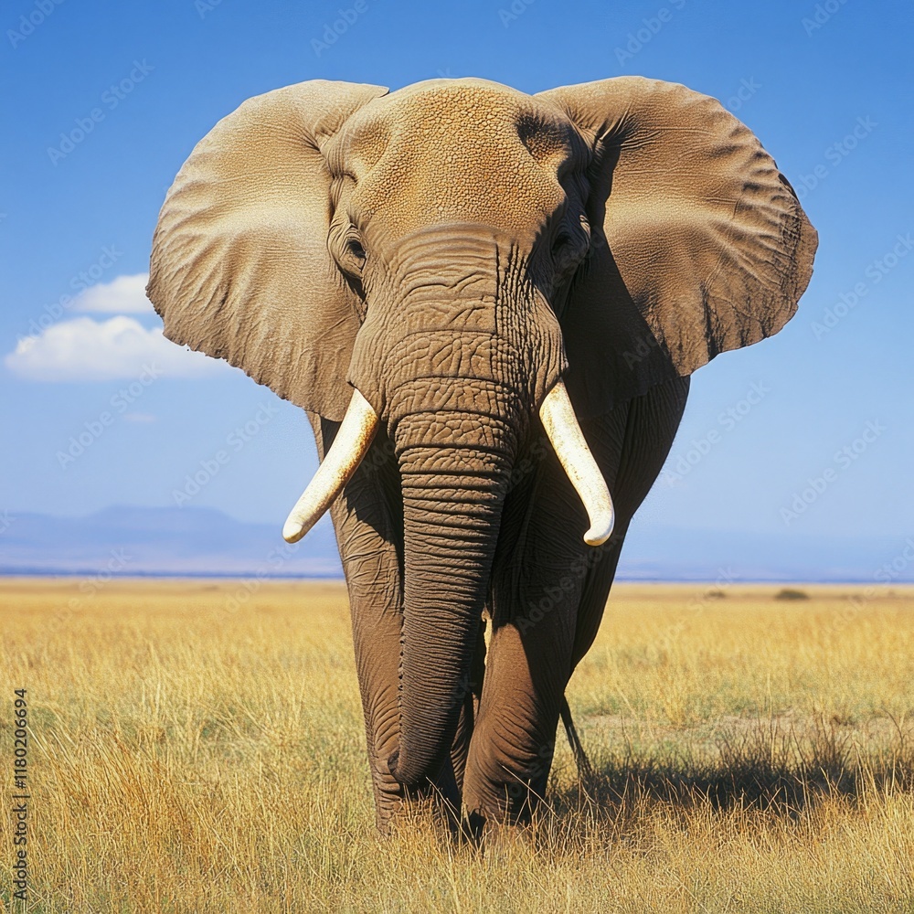 Naklejka premium A large elephant walks across a dry grass field, capturing the simplicity and beauty of nature
