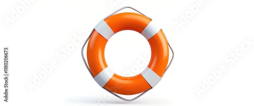 Orange life preserver isolated on white background.  A classic symbol of safety and rescue, ready for use in emergencies. photo