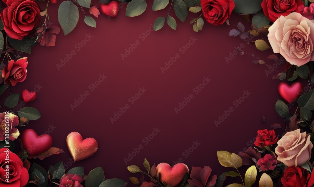Romantic floral frame with hearts and roses on a dark red background. Perfect for Valentine's Day, love themes, wedding invitations, or greeting cards. Romantic floral frame with hearts and roses on a dark red background. Perfect for Valentine's Day, love themes, wedding invitations, or greeting cards.