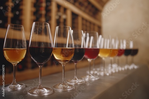 A collection of wine glasses showcases an array of wines, from reds to whites, set against the backdrop of an elegant wine cellar filled with bottles photo