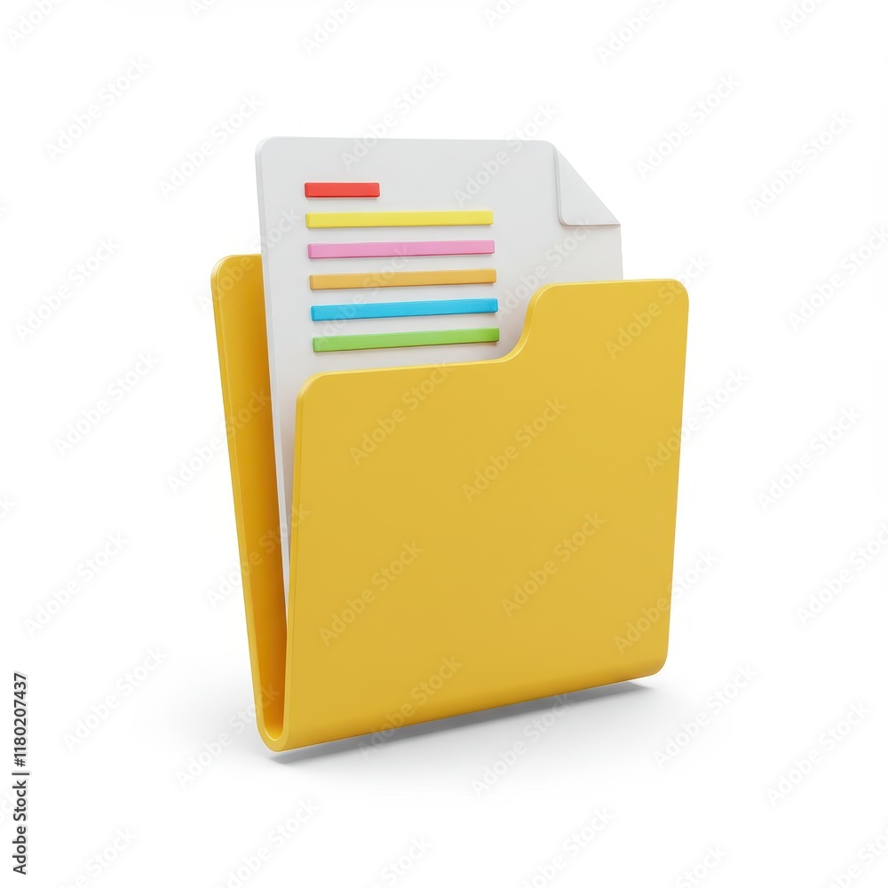 A 3D illustration of a yellow folder holding a white document with colorful text lines isolated on a white background A 3D illustration of a yellow folder holding a white document with colorful text lines isolated on a white background