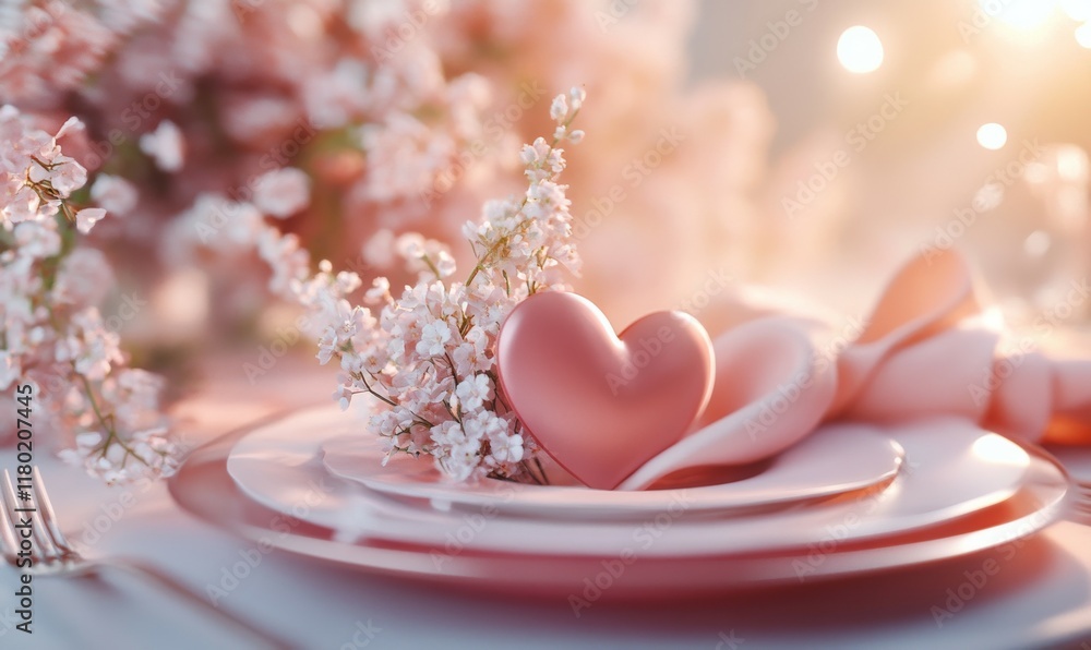 Romantic place setting with a heart-shaped napkin and delicate pastel floral centerpiece Romantic place setting with a heart-shaped napkin and delicate pastel floral centerpiece