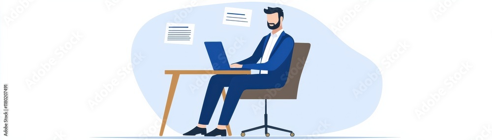 A professional man in a suit sits at a desk, working on a laptop, immersed in digital communication. A professional man in a suit sits at a desk, working on a laptop, immersed in digital communication.