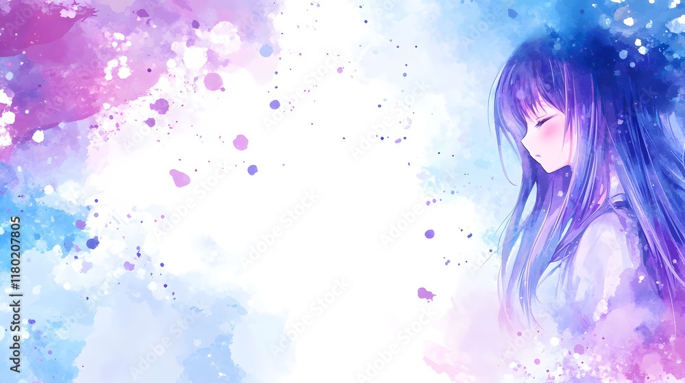 Anime Girl Watercolor Painting Purple Hair Blue Background Anime Girl Watercolor Painting Purple Hair Blue Background