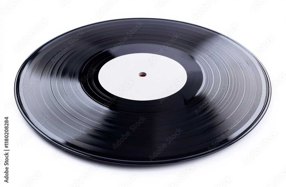 Obraz premium A classic black vinyl record rests on a turntable, waiting to be played. The smooth surface and polished grooves reflect a nostalgic vibe, evoking a love for timeless music in a warm setting