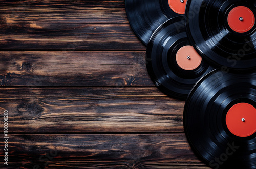 A collection of vintage vinyl records is arranged on a rustic wooden table, showcasing their classic design. The records feature red labels, creating a warm and nostalgic ambiance photo