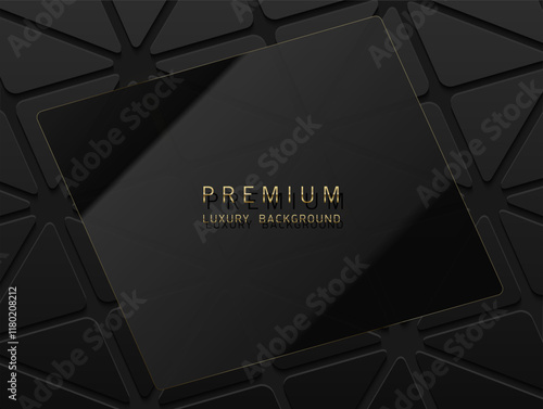 Vector abstract black layered business background with triangles shapes on black. Dark glossy laminate material texture luxury geometric pattern, rectangular glossy glass header. High-tech banner