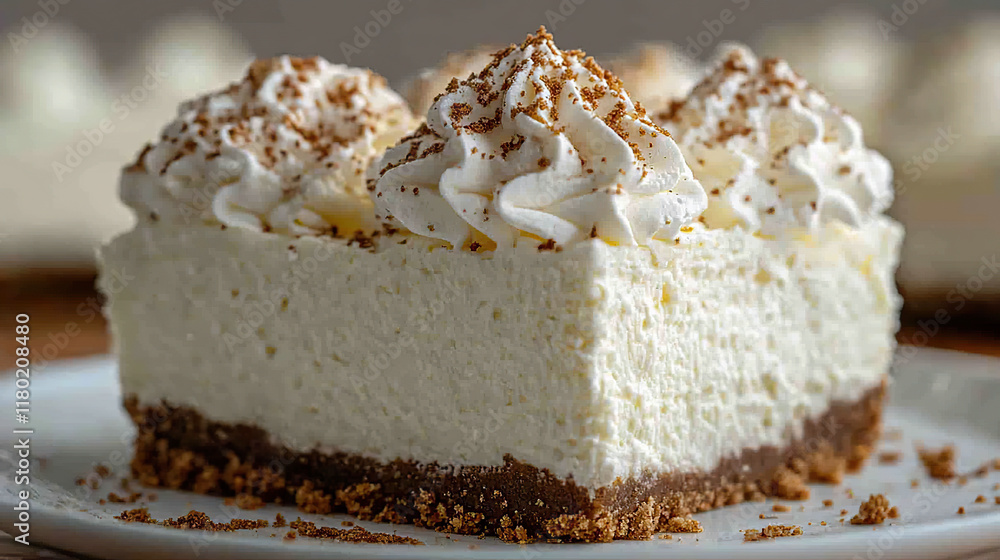 Luscious Whipped Cream Cheesecake on a Crumbly Biscuit Base Finished with a Generous Dusting of Cocoa Perfectly Balancing Creamy and Crunchy Textures Luscious Whipped Cream Cheesecake on a Crumbly Biscuit Base Finished with a Generous Dusting of Cocoa Perfectly Balancing Creamy and Crunchy Textures