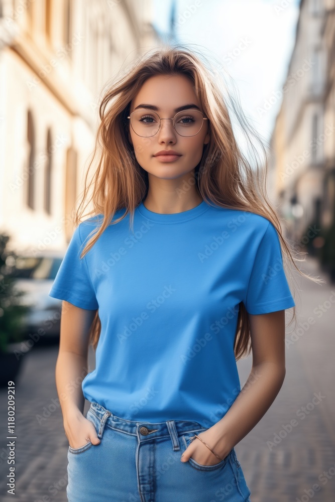 A young woman with long blonde hair and glasses stands confidently on a city street. She wears a blue color T-shirt mockup and denim shorts, with sunlight illuminating her face. A young woman with long blonde hair and glasses stands confidently on a city street. She wears a blue color T-shirt mockup and denim shorts, with sunlight illuminating her face.