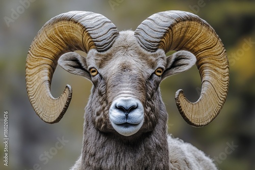 A close-up of a ram with impressive large horns, suitable for use in wildlife or nature-themed projects photo