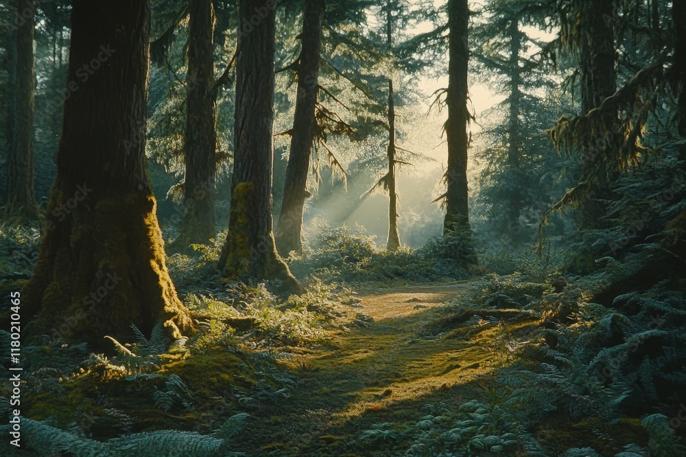 Obraz premium Sunlit Path Through Mossy Old Growth Forest