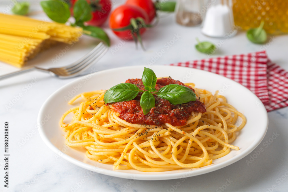 Tasty appetizing classic italian spaghetti pasta with tomato sauce