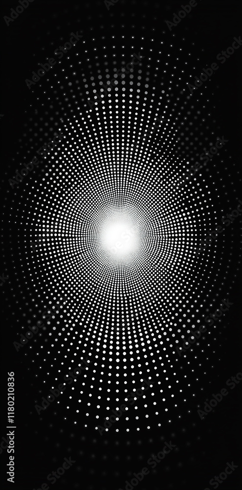 Abstract pattern with dots arranged in concentric circular rings, creating a sense of depth and perspective. Black background. Gradient effect that conveys movement and lightness. Abstract pattern with dots arranged in concentric circular rings, creating a sense of depth and perspective. Black background. Gradient effect that conveys movement and lightness.