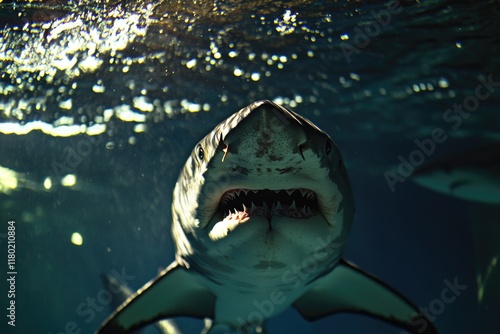 A close-up view of a shark's mouth open, suitable for use in educational or documentary content photo