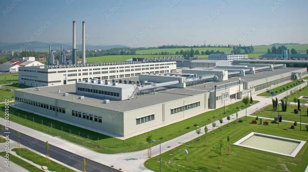 Fototapeta premium Aerial perspective of a contemporary urban sewage treatment facility and its infrastructure