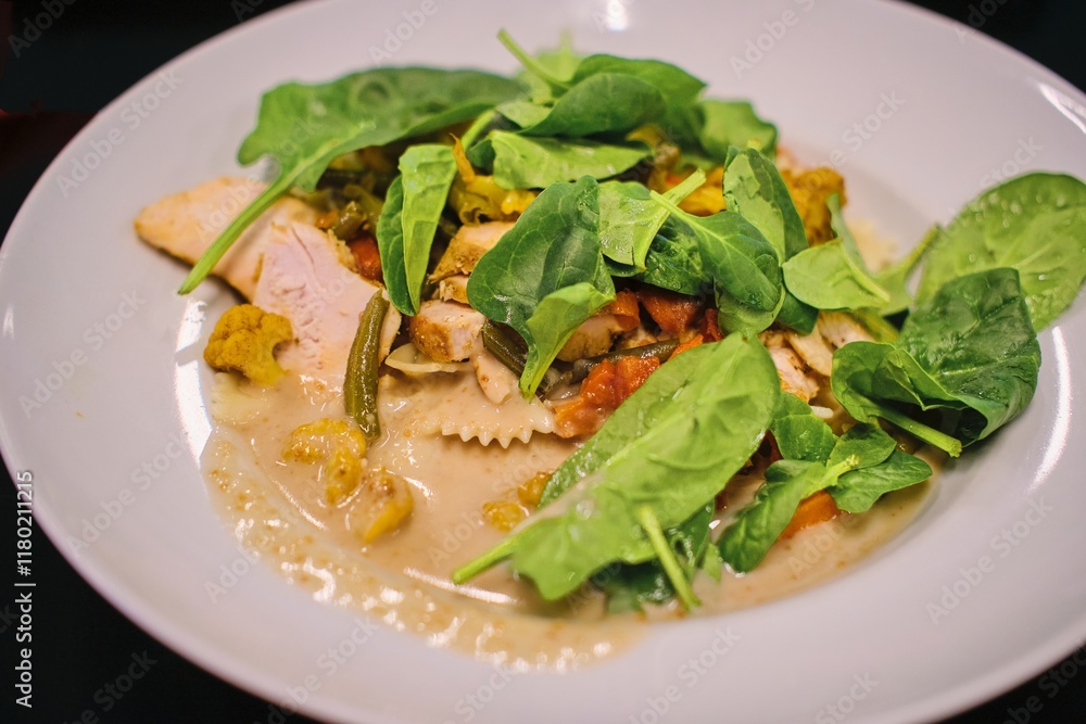 Pasta with chicken fillet, baked vegetables, sauce and fresh spinach in a white plate on a dark background close-up. Pasta with chicken fillet, baked vegetables, sauce and fresh spinach in a white plate on a dark background close-up.