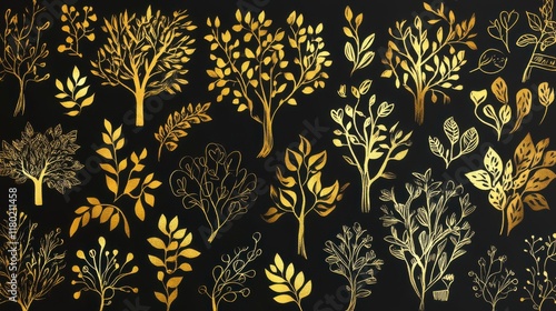 Golden Botanical Illustrations on a Black Background