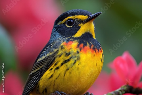 A yellow and black bird perches on the top of a tree branch, looking around