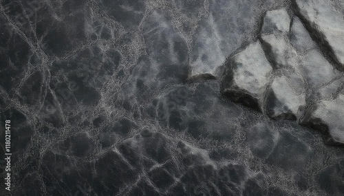 abstract aerial view of cracked stone surface with intricate vein like patterns and dark gray tones for graphic design and texture

 photo