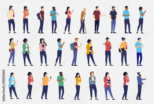 Casual people vector collection - Large set of diverse characters, men and women standing in various poses. Flat design side view graphic illustrations