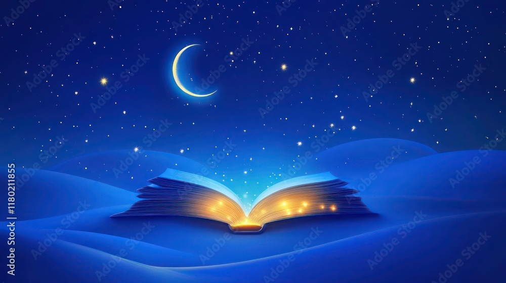Naklejka premium Open magic book with glowing pages and stars, mystical night sky