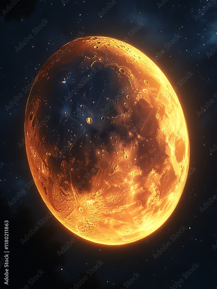 Fototapeta premium Fiery orange moon in dark space.