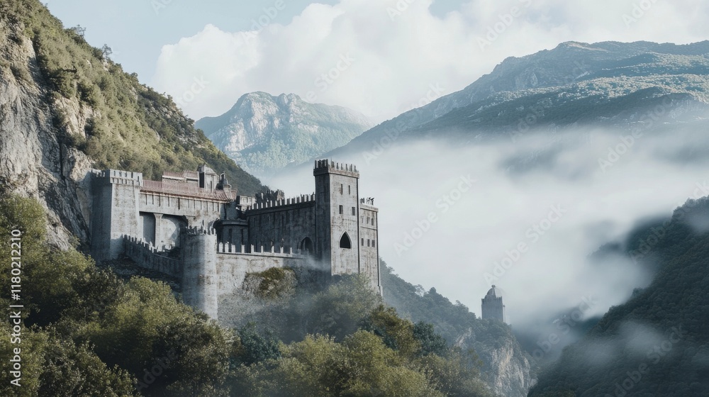 Naklejka premium Majestic Mountaintop Castle in Misty Landscape