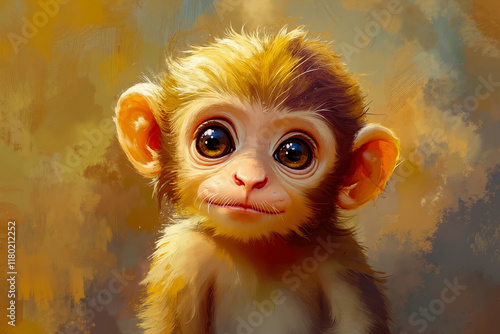 A painting of a baby monkey with big eyes