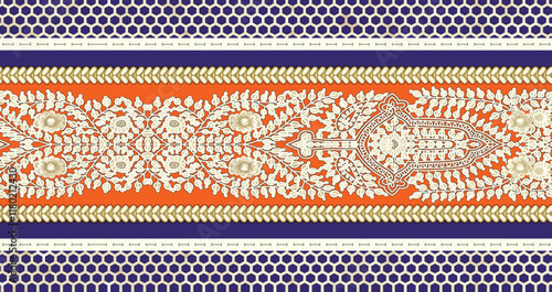 Ornate Mughal-inspired trellis motifs with vibrant hues, offering a bold statement for fabric and interior design.