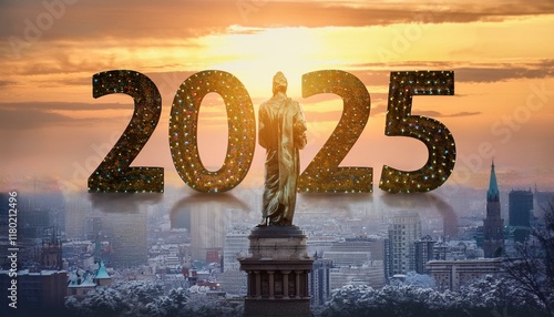 Statue between 2025 and sunset and clouds on city