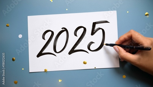 2025 year written on white paper with hand holding pen and blue background behind it 